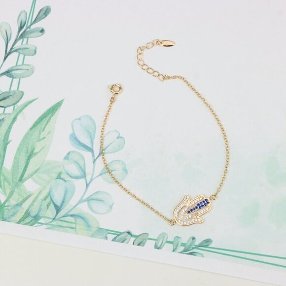 "Elegant Hamsa Hand Charm Rose Gold Bracelet with Blue Accents, XPBL0852 - Picture 4 of 12